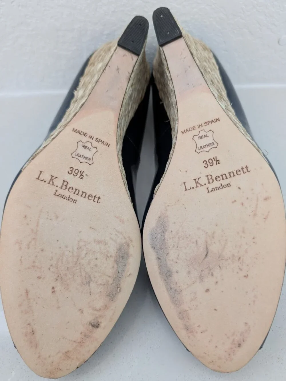 L.K. Bennett Edee Peep-Toe Patent Leather Espadrille Wedge–Navy Blue–US 9.5